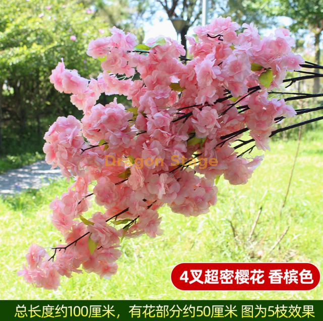 Corteza simulada, plantas verdes, flores, vides, hojas, envueltas en tuberías de agua, decorado con champán de 4 paquetes, flores de cerezo súper densas (5 ramas)