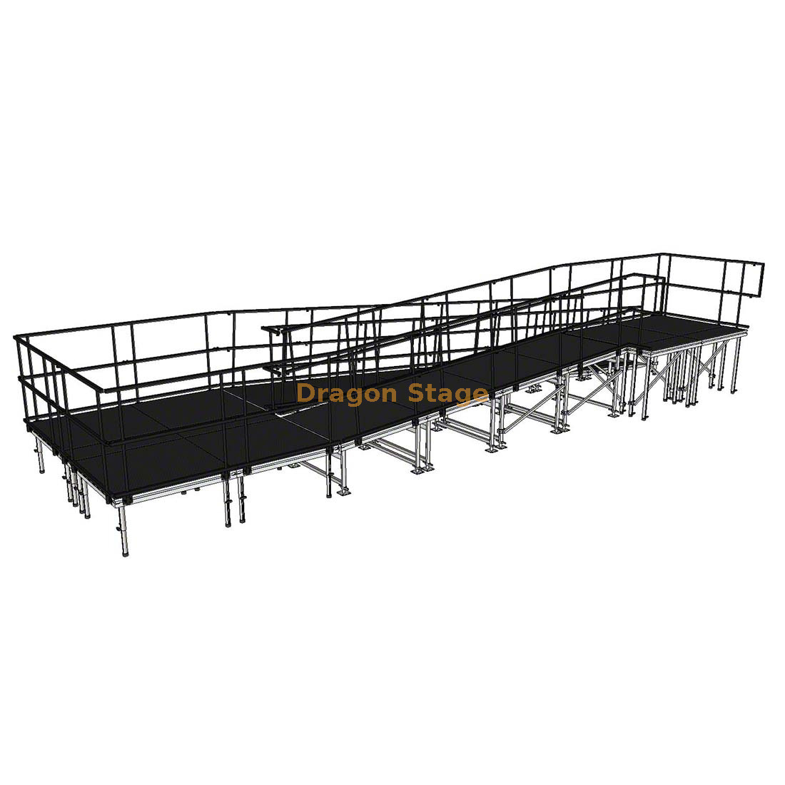 Rampa de escenario modular de aluminio en curva de 10,27 x 3,24 m con rellano y barandillas dobles