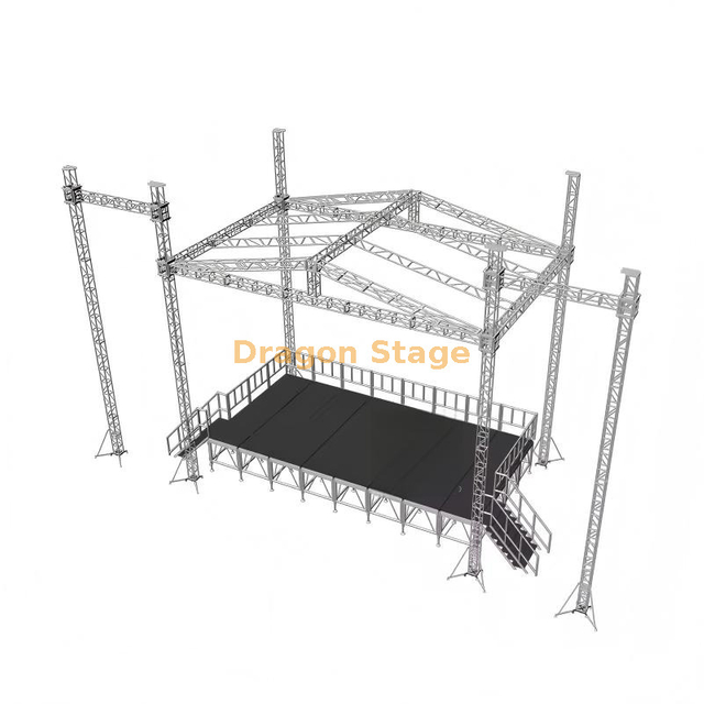 Sistema de escenario profesional para conciertos en techo de 15x9x11m con torres de altavoces de 15m
