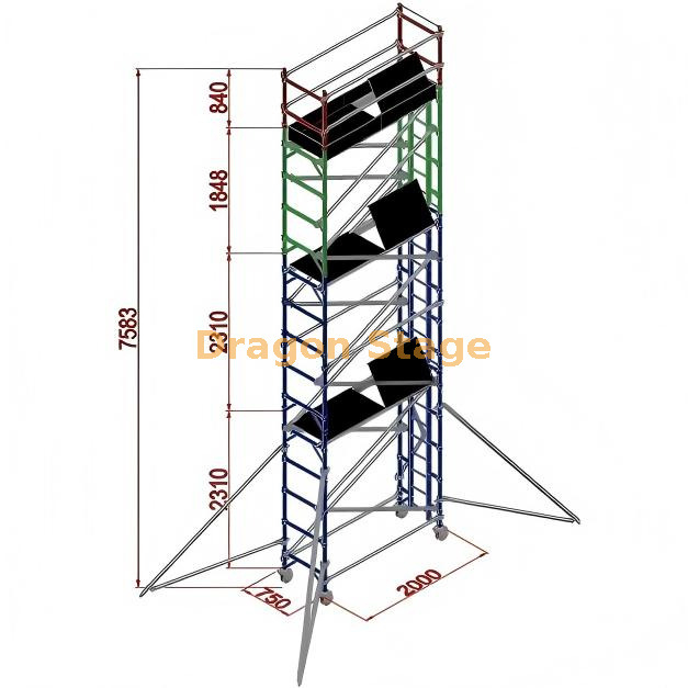 torre de andamio personalizada de aluminio con soporte único de 0.75x2x7.53M