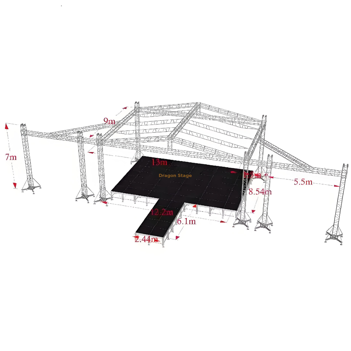 Armadura de escenario de techo de aluminio con led de matriz de línea de 13x9x7m