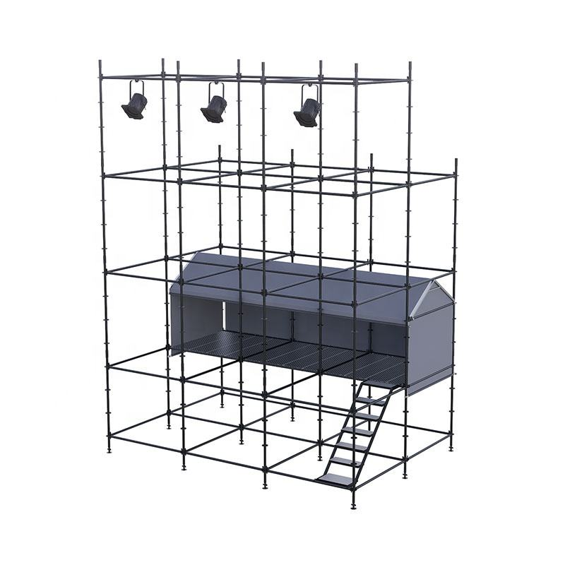 Cabina de control FOH h&iacute;brida Ringlock de 2x6 m con techo a dos aguas de aluminio, cortinas y acceso a escaleras de acero.png
