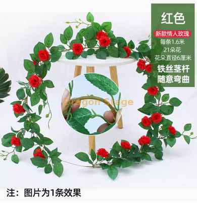 Corteza simulada, plantas verdes, flores, vides, hojas, tuberías de agua, bolsas decorativas, pilares, rojo brillante, rosas amantes (1 pieza)