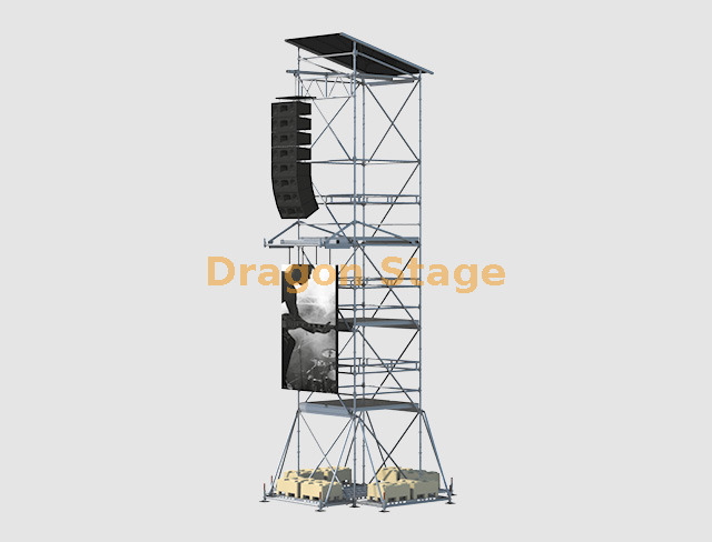 Torre de suspensión con pantalla LED y line array Ringlock de 10 m con 4 plataformas de trabajo y lastre