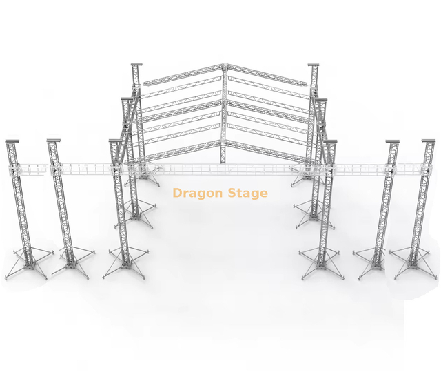 Escenario de techo para exteriores de 12x12x9m con pantalla LED de 5m y armadura Line Array de 1,5m