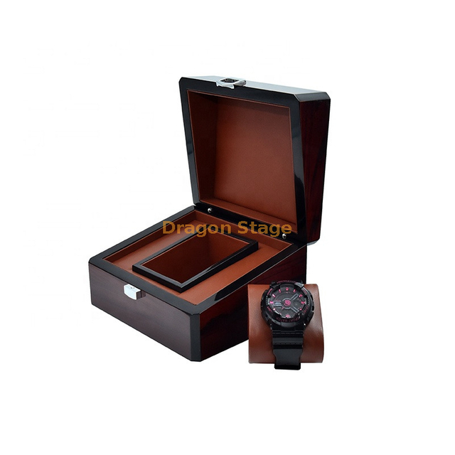 Caja de reloj de madera oscura de piano de alto brillo OEM con forro de cuero