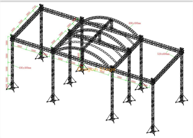 Escenario de concierto cuadrado al aire libre con techo curvo en venta 28x11x12m