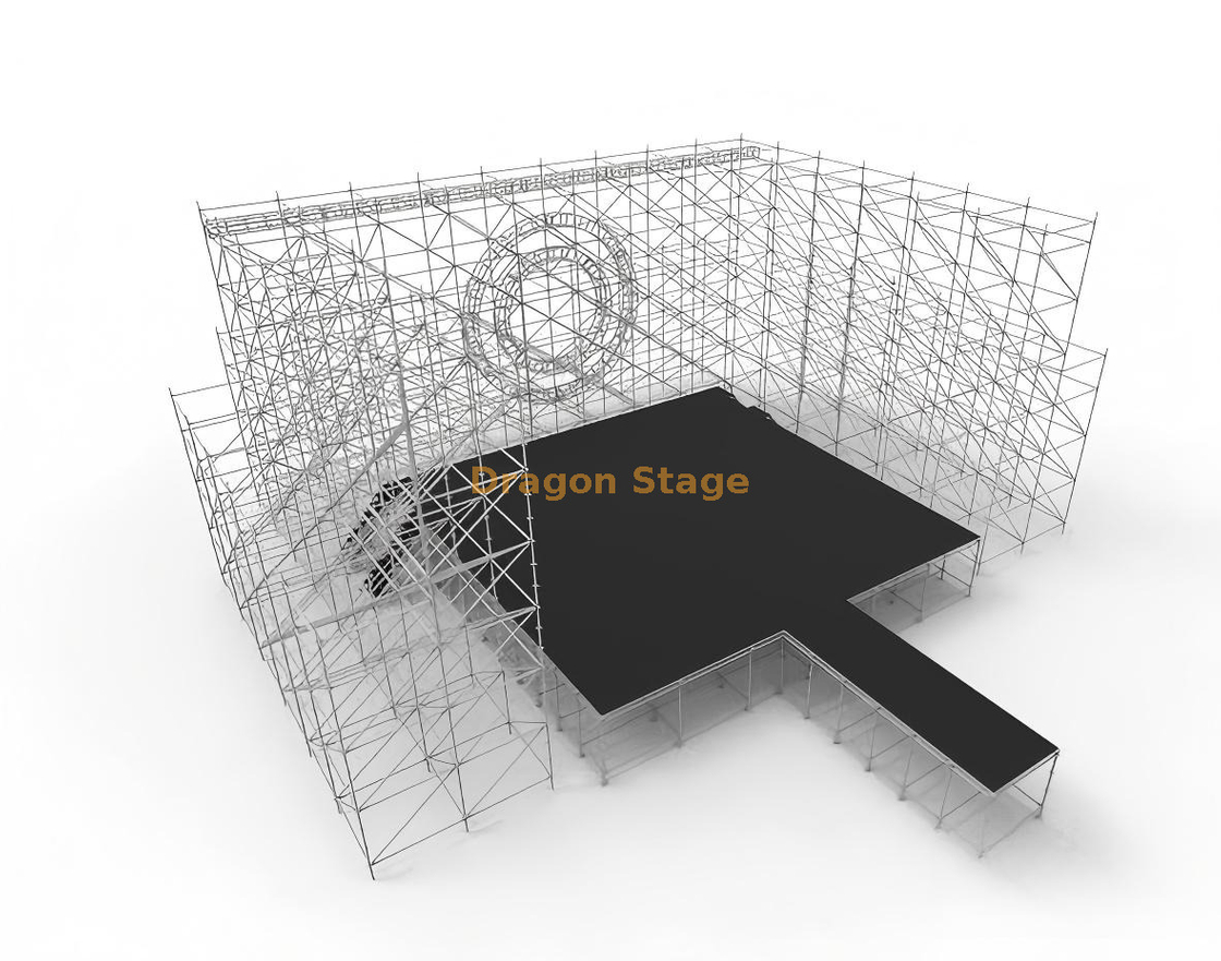 Escenario de concierto Ringlock de 12x10m con pista de 2x6m, estructuras laterales LED y armazón circular de 400 mm