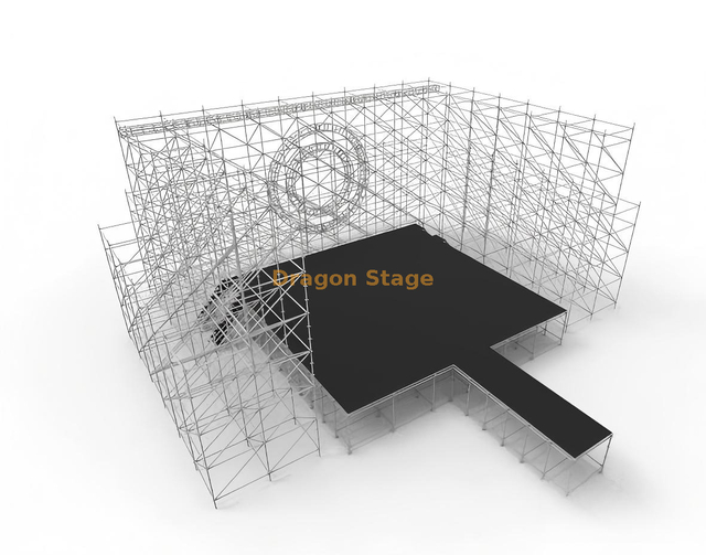 Escenario de concierto Ringlock de 12x10m con pista de 2x6m, estructuras laterales LED y armazón circular de 400 mm