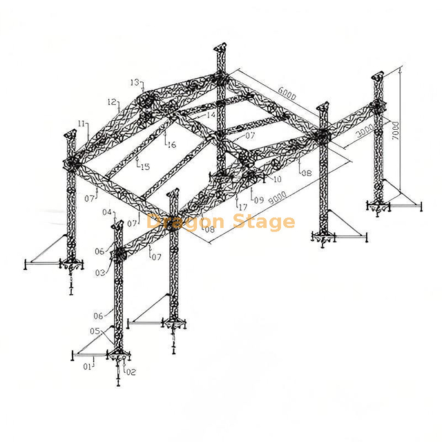Kit de armazón de escenario de aluminio con techo inclinado/a dos aguas de 9x6x7 m (altura de 7 m)