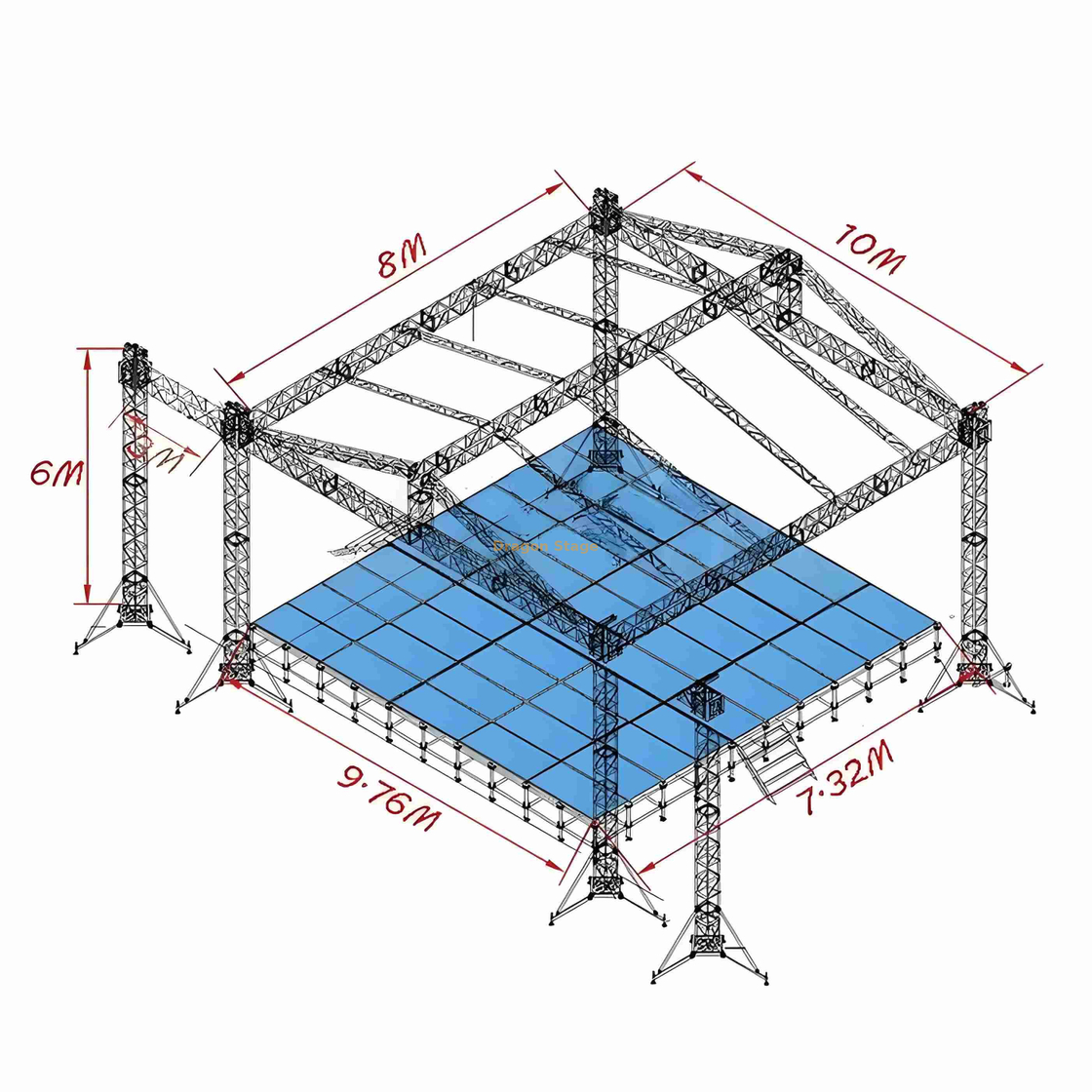 Sistema de armadura de techo de escenario al aire libre con alas de sonidos 10x8x6m