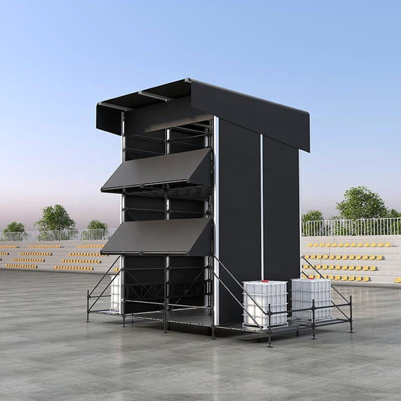 Torre de control FOH Ringlock h&iacute;brida de varios niveles de 4x4 m con marco de techo de aluminio y gabinete de cortina.png