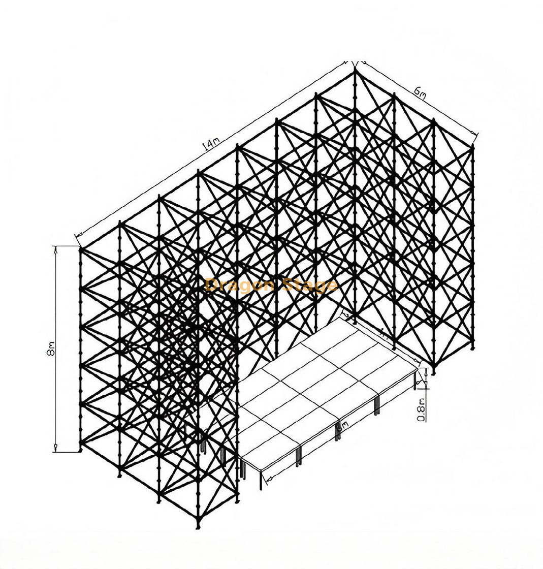 Muro de armadura Ringlock de 14x6x8m con escenario rápido de aluminio de 8x4m y 2 escaleras