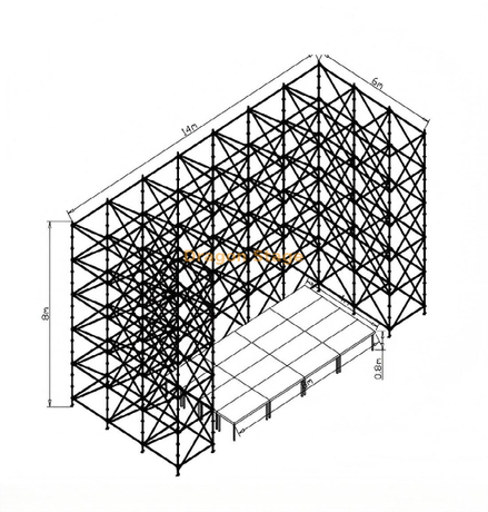 Muro de armadura Ringlock de 14x6x8m con escenario rápido de aluminio de 8x4m y 2 escaleras