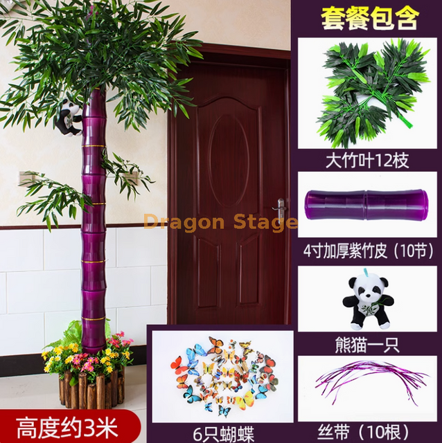 Nuevo juego de nudo de bambú morado de 4 pulgadas (viene con panda) con corteza de nudo de bambú simulado, plantas verdes, tiras de vides, decoración de tubos de aguas residuales