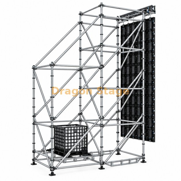 Sistema colgante LED Ringlock de 2x4x8m con torre de lastre auxiliar y armazón voladizo de 400 mm