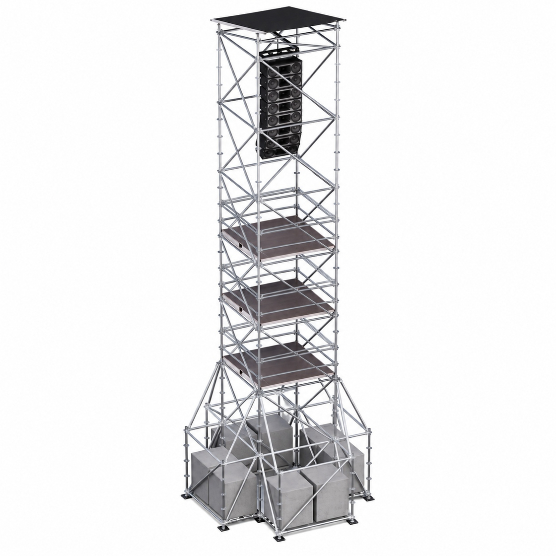 Torre colgante Ringlock Line Array de 14 m de altura con 4 plataformas de trabajo, lastre y techo impermeable