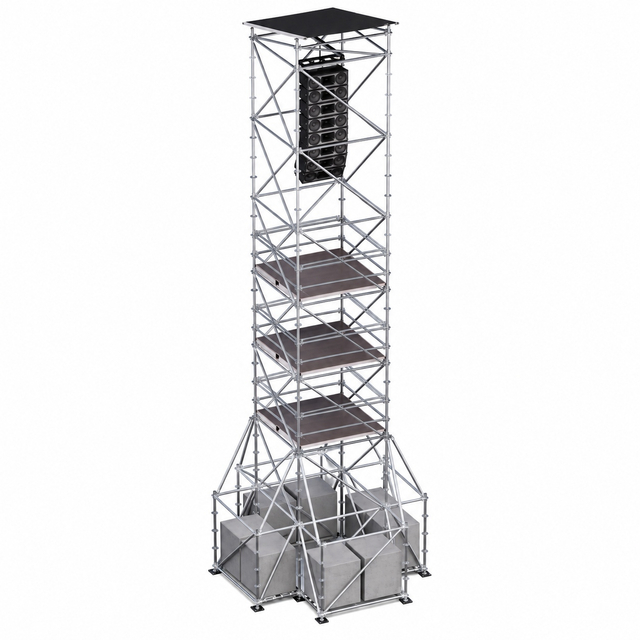 Torre colgante Ringlock Line Array de 14 m de altura con 4 plataformas de trabajo, lastre y techo impermeable
