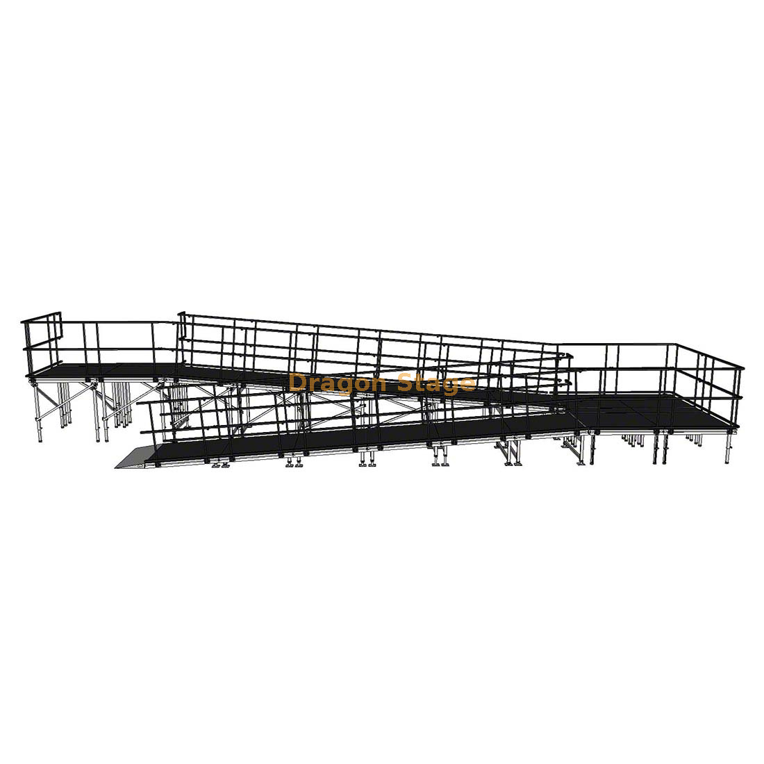 Rampa de escenario modular de aluminio en curva de 12,25 x 3,24 m con rellano y barandillas dobles
