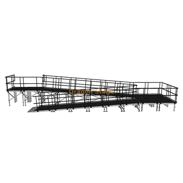 Rampa de escenario modular de aluminio en curva de 12,25 x 3,24 m con rellano y barandillas dobles