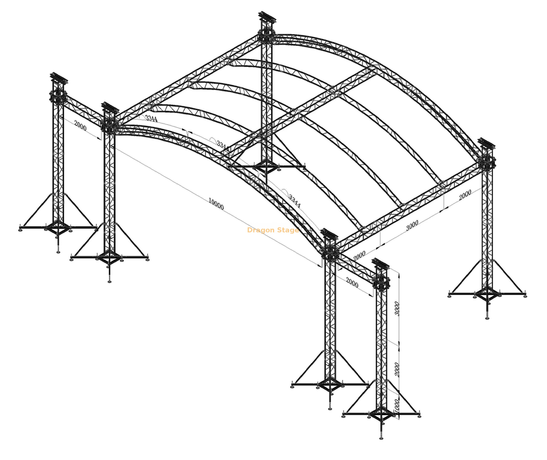 Sistema de armadura de techo de escenario arqueado de aluminio de 10x7x6m con alas de altavoz