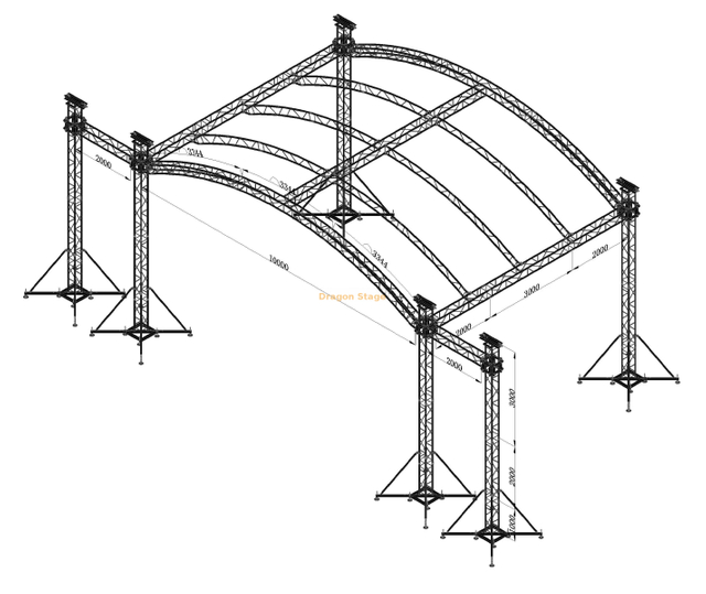 Sistema de armadura de techo de escenario arqueado de aluminio de 10x7x6m con alas de altavoz