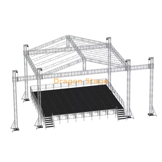 Sistema de escenario con armadura de techo inclinado de aluminio de 10x5x7m con alas gemelas de altavoz de 2m