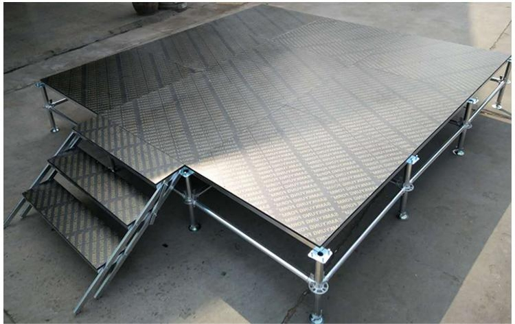 Escenario portátil para eventos grandes, escenario de concierto, escenario de capa resistente, uso de madera contrachapada para exteriores, andamio de 18mm, 750kg/m