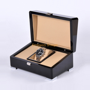 Caja de reloj de madera con forro de cuero PU de alto brillo negro de lujo con logotipo personalizado
