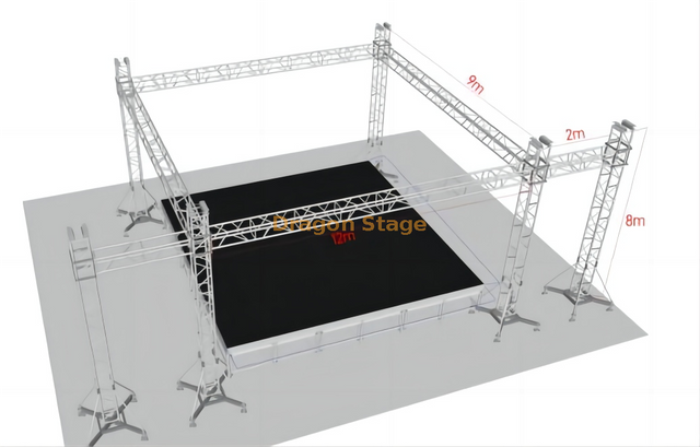 Armazón de escenario de aluminio portátil para conciertos de eventos al aire libre con sistema de altavoces de 12x9x8m, armazón de suspensión de altavoz de 2m