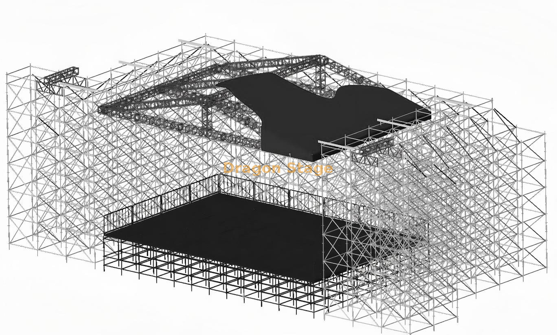 Sistema de escenario para conciertos Ringlock de 14x10 m con techo de pico de aluminio, alas LED de 6 m y soportes Line Array