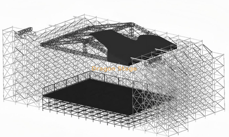 Sistema de escenario para conciertos Ringlock de 14x10 m con techo de pico de aluminio, alas LED de 6 m y soportes Line Array
