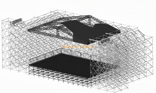 Sistema de escenario para conciertos Ringlock de 14x10 m con techo de pico de aluminio, alas LED de 6 m y soportes Line Array