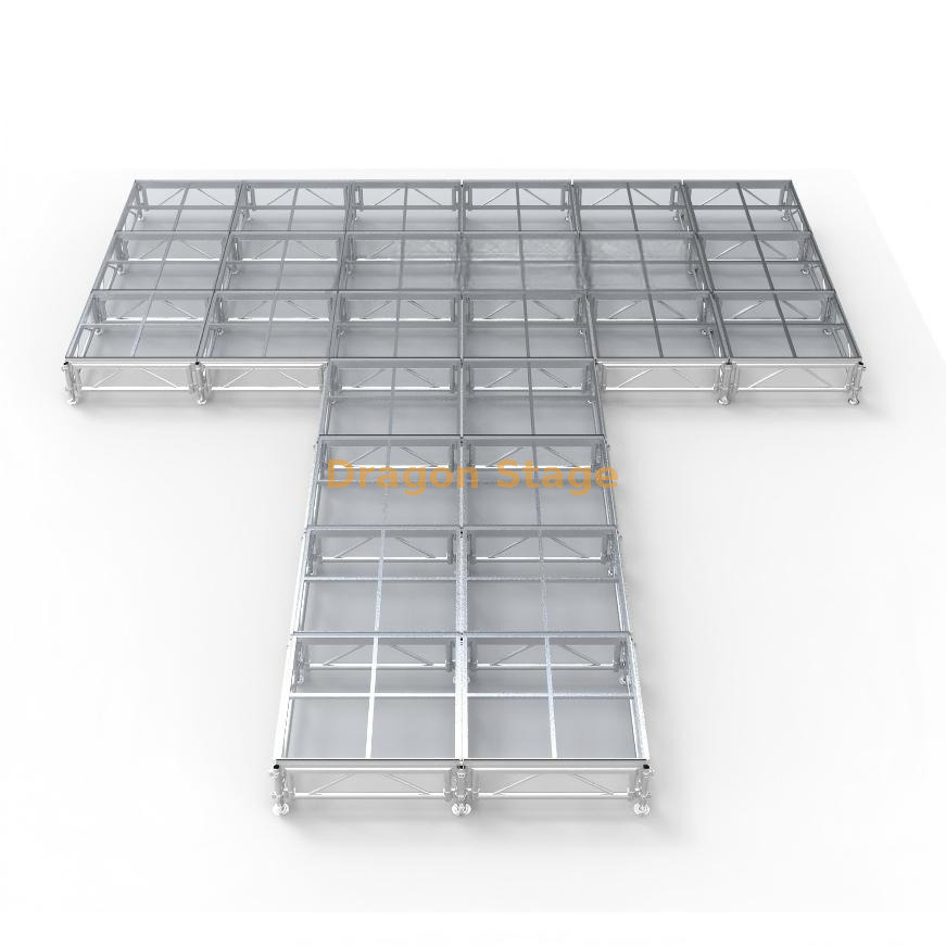 Escenario de pasarela de desfile de moda acrílico de aluminio portátil en forma de T de 8,54x7,32 m (altura ajustable 0,4-0,8 m)