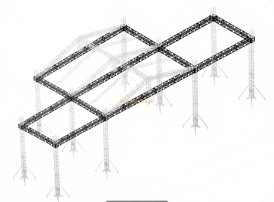 Sistema de armazón de techo de pico de aluminio para exteriores de 14x10x9m: montaje de escenario de 9m de altura con alas dobles de audio/LED de 8m