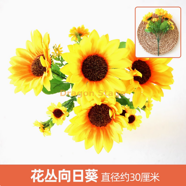 Plantas verdes, paredes de plantas simuladas, céspedes de plástico, balcones, fondos interiores, paredes de flores, flores amarillas fluorescentes, racimos de flores, 1 grupo de girasoles