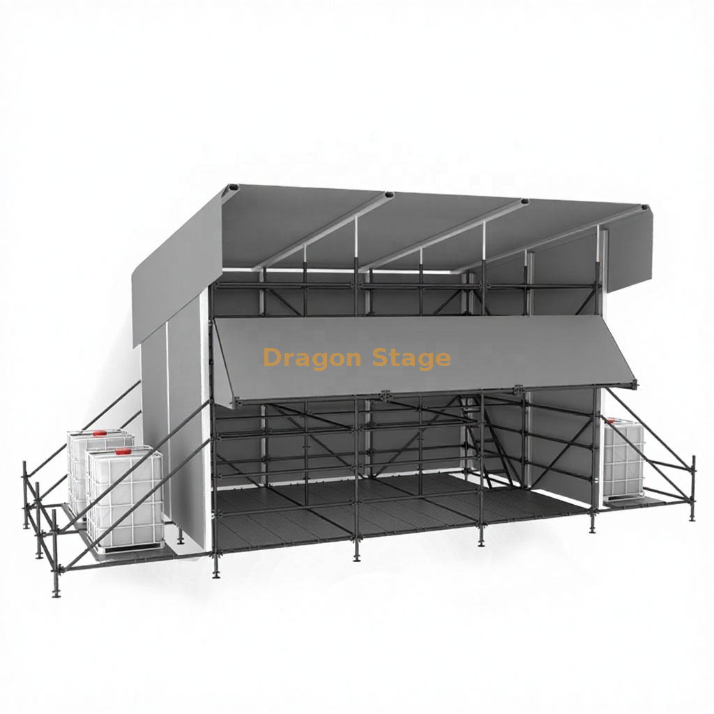 Cabina de control FOH híbrida Ringlock de 6x4 m con techo de aluminio de una sola pendiente