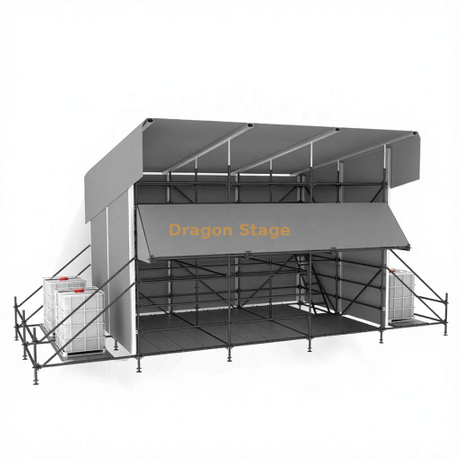 Cabina de control FOH híbrida Ringlock de 6x4 m con techo de aluminio de una sola pendiente