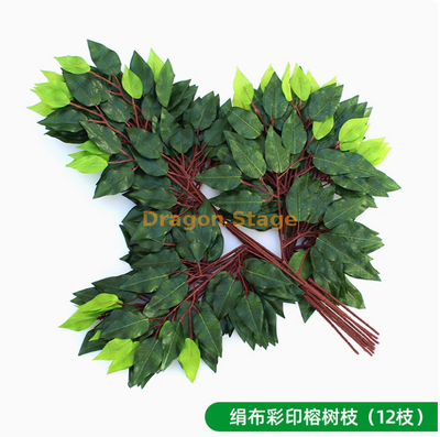 Corteza simulada, plantas verdes, flores, vides, hojas, tuberías de agua, columnas decorativas, tela de seda estampada en color, ramas de árboles de banyan (12 ramas)