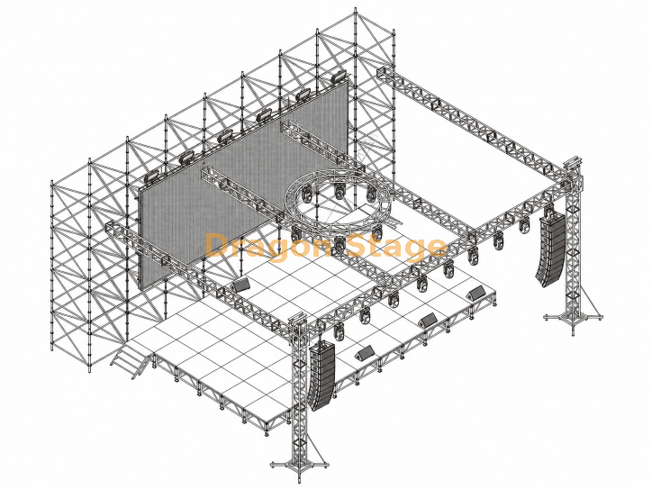 Pared de fondo LED Ringlock de 16x2x8m con escenario de aluminio de 12,2x7,32m y techo de armadura de iluminación de 14x10x6m