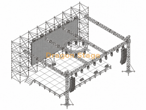 Pared de fondo LED Ringlock de 16x2x8m con escenario de aluminio de 12,2x7,32m y techo de armadura de iluminación de 14x10x6m