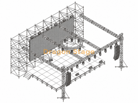 Pared de fondo LED Ringlock de 16x2x8m con escenario de aluminio de 12,2x7,32m y techo de armadura de iluminación de 14x10x6m