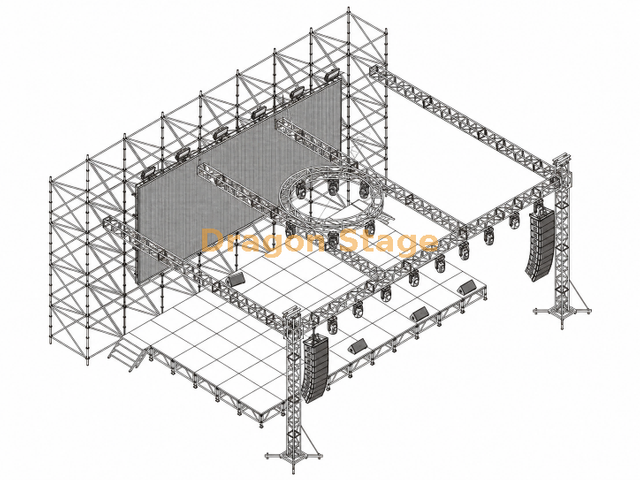 Pared de fondo LED Ringlock de 16x2x8m con escenario de aluminio de 12,2x7,32m y techo de armadura de iluminación de 14x10x6m
