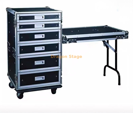Flight Case estilo cajón de 18U con 6 cajones + mesa auxiliar desmontable y ruedas Estuche técnico para herramientas de alta resistencia