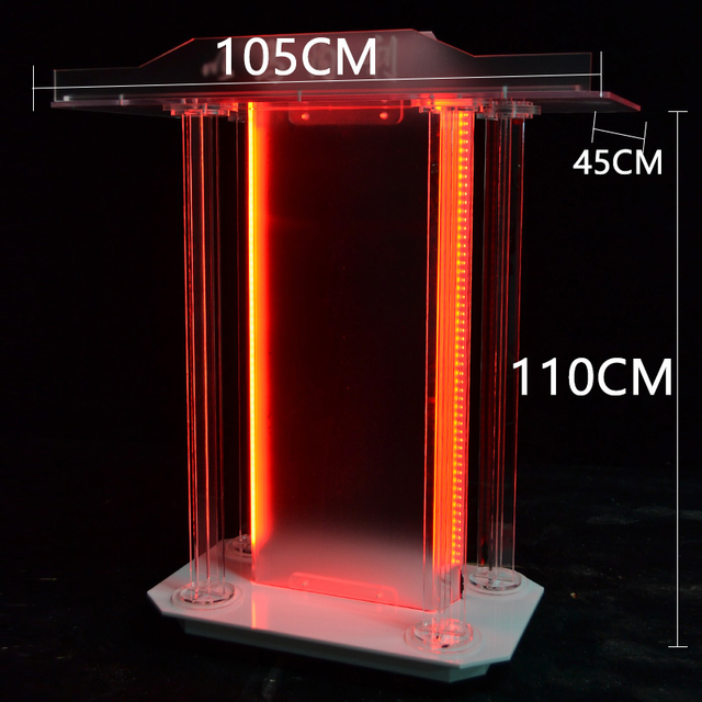 Podio de acrílico transparente de fácil montaje con luz LED para piso con parte posterior abierta y estante