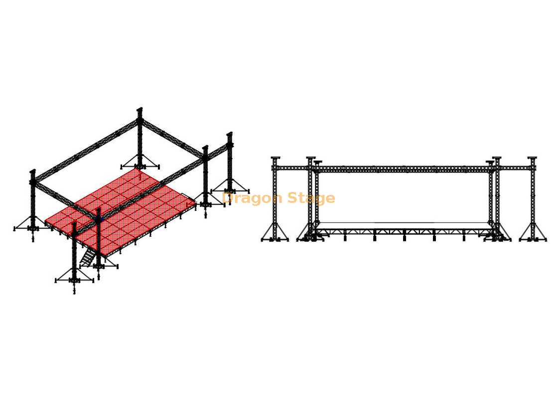 Armazón de escenario sin techo para luz de eventos 12x10x8m 6 pilares con 2m para altavoces colgantes