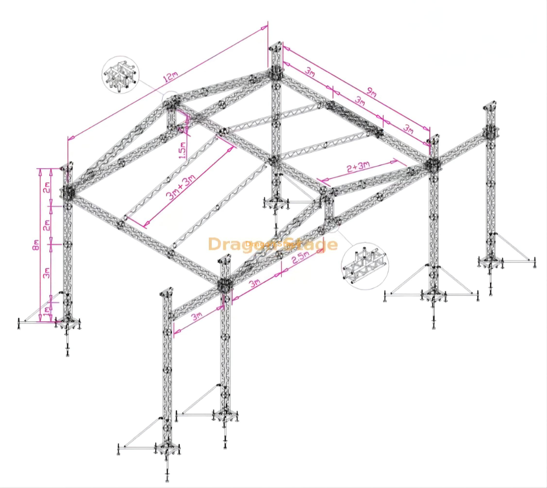 Armadura al aire libre de aluminio del acontecimiento de la cabina de la plata de la etapa del acontecimiento del concierto con el tejado el 12x9x8m