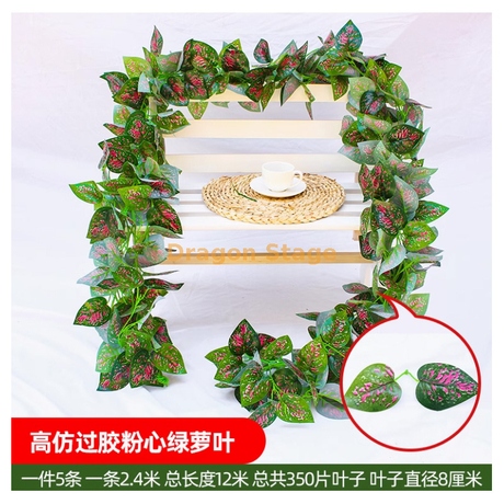 Vina simulada, decoración de la hoja de uva, enredadera de flores artificiales envueltas alrededor de 70 plantas verdes, 5 Vínculos Pink Heart Green - impermeable, protector solar, sin mariposa+Seda atada