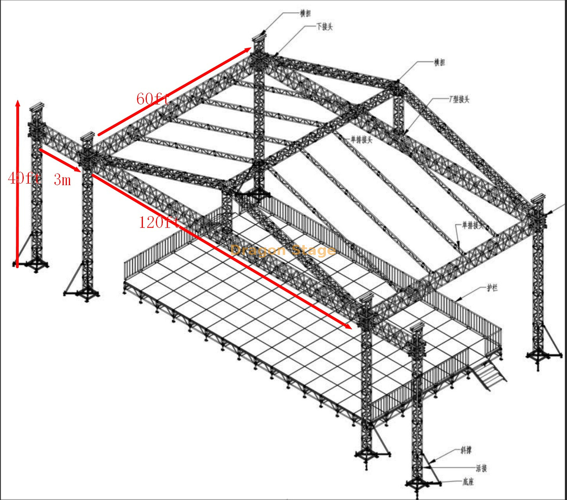 Escenario de concierto grande de 36 x 18 x 12 m con sistema de vigas de techo de varias torres – 120 x 60 x 40 pies