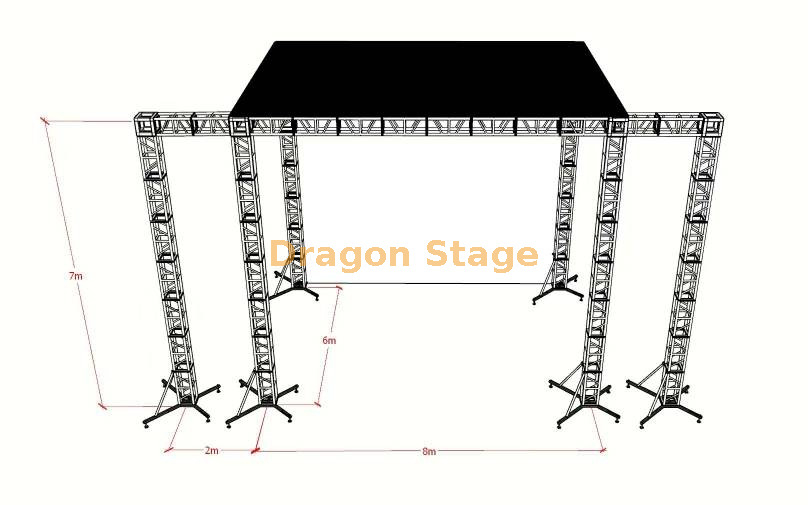 Sistema de escenario con armazón de techo de aluminio de 8x6x7m con alas de 2m y cubierta (armazón con pernos de 300 mm)